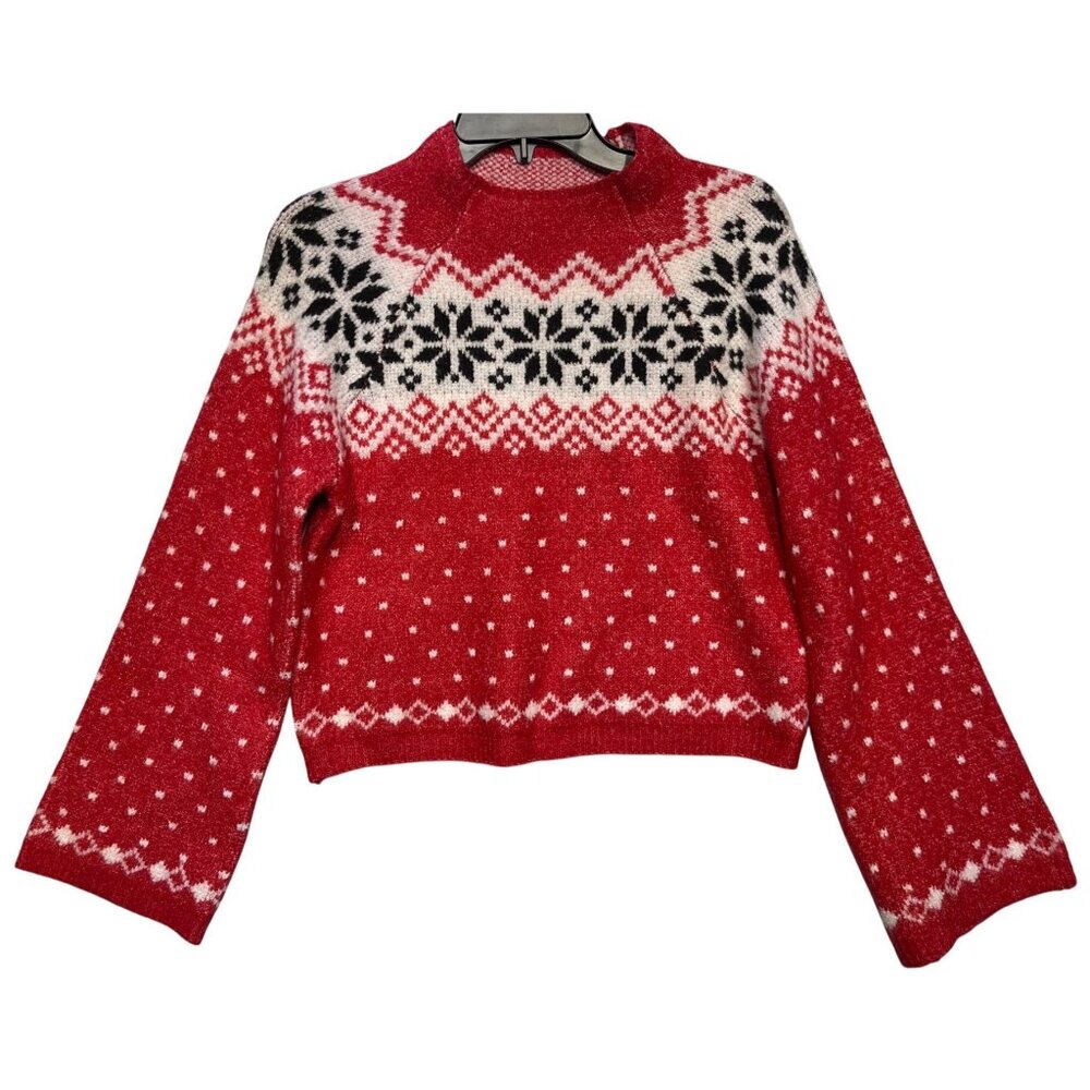 No Boundaries Womens Fair Isle Jacquard Pullover Sweater Red White Black S Winte